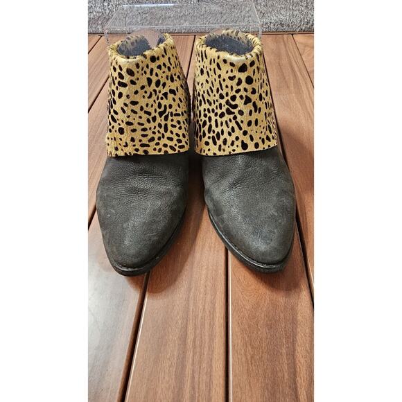 ALL BLACK Leather Ankle Booties Boots Leopard Calf Skin Fold Down‎ EU 39 US 8.5 - Picture 2 of 6